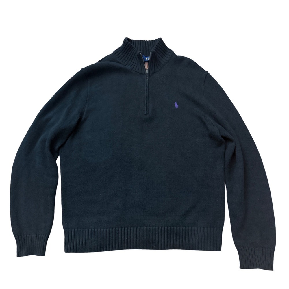 Polo Ralph Lauren Mens Navy Blue 100% Cotton Quarter Zip Sweater Purple Pony M